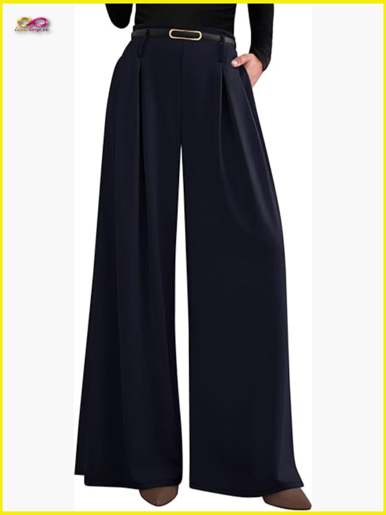Wide Leg Trousers Elastic High Waisted Dress Pants Pleated Slacks Flowy